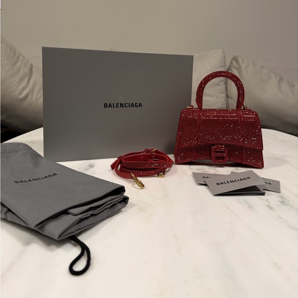 Balenciaga Hourglass XS Handbag with Red Rhinestones